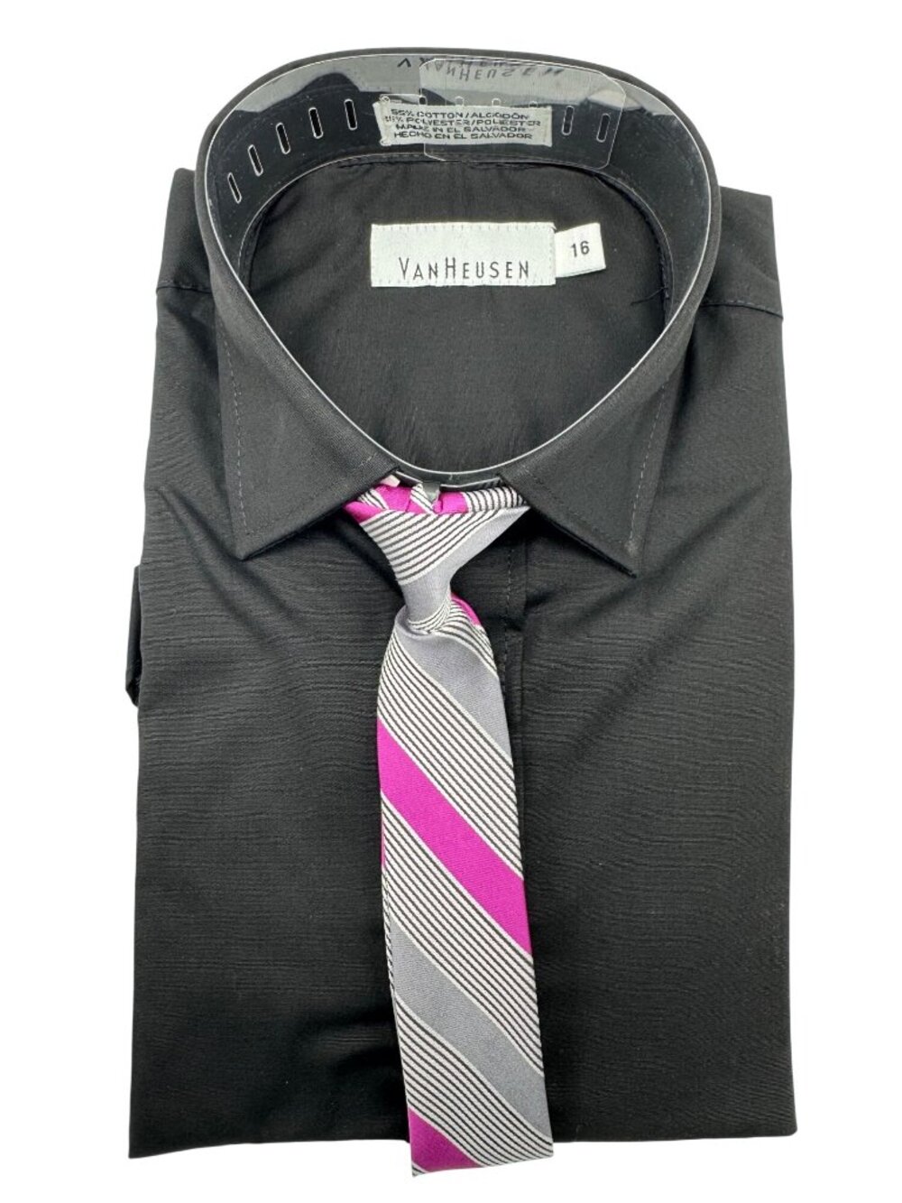 NWT Van Heusen Boys Black Long Sleeve Dress Shirt & Tie Set Sz 16 Regular